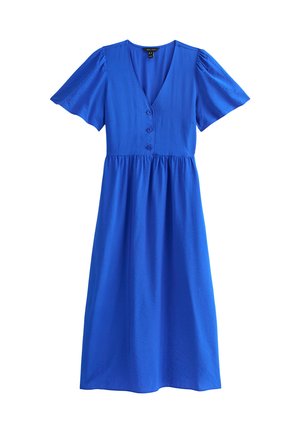 Vestido midi azul de tela suave, con escote en V, mangas cortas abullonadas y una cintura fruncida con detalle de botones. Textura suave en toda su superficie.