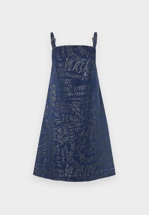Denim dress in dark blue with metallic silver text patterns, adjustable straps, A-line design, and mid-length skirt.