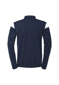 Marineblå langærmet polo-shirt med stående krave og hvide skulderdetaljer. Fremstillet af glat, letvægtsstof med en afslappet pasform.