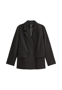 Blazer nero in tessuto strutturato, dotato di revers a punta, doppi bottoni, due tasche frontali e maniche lunghe. Texture liscia.