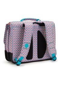 Flerfarvet stoftaske med et livligt geometrisk mønster i pink, turkis og sort. Har justerbare stropper og et solidt håndtag.
