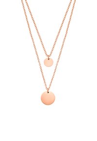 Collana con pendente in oro rosa con due catene sovrapposte; presenta due dischi circolari, uno più grande e uno più piccolo, entrambi lisci e lucidi.