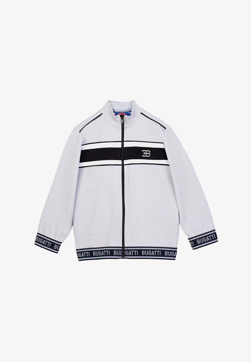 White zip-up jacket with black accents, featuring vertical stripes and a logo on the chest. Ribbed cuffs and waistband with "BUGATTI" text.