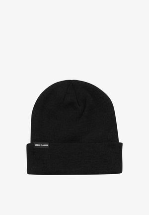 Sort strikket hue med en foldet kant og et lille Urban Classics mærke. Lavet af et blødt, tekstureret stof, der er velegnet til koldt vejr.
