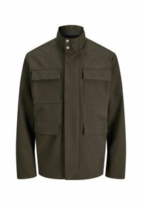 Olivno zelena jakna z visokim ovratnikom, dvema žepoma na prsih in ravnim sprednjim zapiranjem. Narejena je iz gladkega, trpežnega materiala.