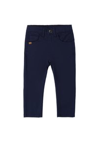 Pantalones de algodón azul marino con una textura suave, que cuentan con un botón delantero y cremallera en la bragueta, además de dos bolsillos delanteros. Logo bordado en la parte trasera.