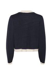 Marineblauer Strickcardigan mit einem cremefarbenen gerippten Kragen und Saumakzenten. Kurzes Design mit langen Ärmeln und strukturiertem Stoff.