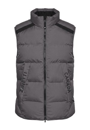 Graue, ärmellose, gepolsterte Weste mit hohem Kragen, Frontreißverschluss, schwarzen Schulterakzenten und dem Schriftzug "ZAVETTI CANADA" auf den vorderen Taschen.