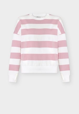 Ριγέ φούτερ με οριζόντιες ανοιχτόροζ και λευκές ρίγες, λαιμόκοψη τύπου crew και ριμπ μανσέτες, κατασκευασμένο από απαλό βαμβακερό υλικό.