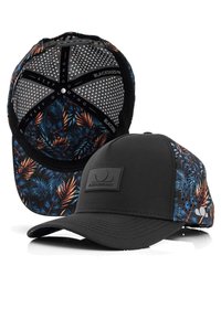 Black cap with a solid front and a multicolored palm leaf pattern on the mesh back. Features a black logo patch and contrasting textures.
