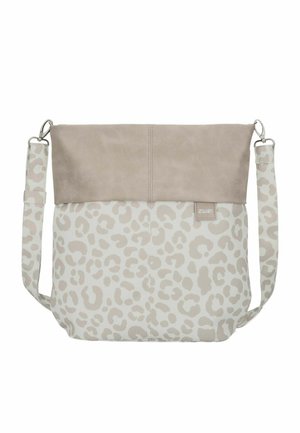 Borsa a tracolla beige e taupe con tessuto leopardato, patta superiore in similmorbido, tracolla regolabile e chiusure metalliche.