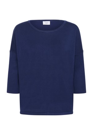 Maglione blu navy a vestibilità larga con scollo rotondo e maniche a tre quarti. Texture liscia, dettagli a coste su maniche e orlo.