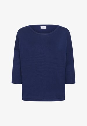 Pulover larg de culoare bleumarin, cu decolteu rotund și mâneci trei sferturi. Textură netedă, accente striate pe mâneci și tiv.