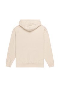 Sudadera color beige claro con cordón, bolsillo tipo canguro, puños y dobladillo acanalados. Textura suave, corte holgado, diseño liso y sin adornos.