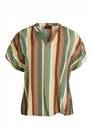 Halenka s krátkými rukávy se svislými pruhy v zelené, hnědé, béžové a žluté barvě, s výstřihem ve tvaru písmene V s výřezem.