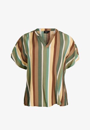 Bluza kratkih rukava s okomitom prugom u zelenoj, smeđoj, bež i žutoj boji, s ovratnikom u obliku V-izreza.