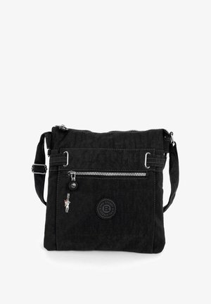 Black messenger bag made of textured fabric, featuring front zip pocket, logo patch, and adjustable strap. Silver hardware accents detail design.