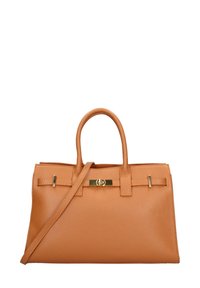 Borsa a tracolla in pelle color marrone chiaro con finitura testurizzata, due manici superiori e tracolla staccabile. Accenti in metallo dorato e un fermo sicuro.