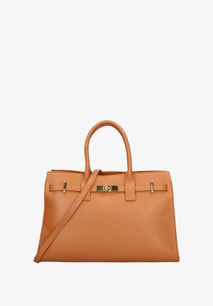 Tasche aus hellbraunem Leder mit strukturiertem Finish, zwei Obergriffen und einem abnehmbaren Schulterriemen. Mit goldenen Akzenten und einem sicheren Verschluss.