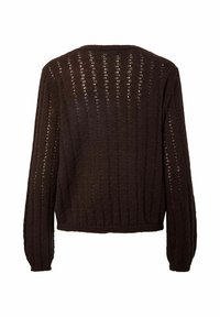 Pull noir en maille à manches longues avec des rayures ajourées verticales et un col rond, vu de dos sur fond blanc.