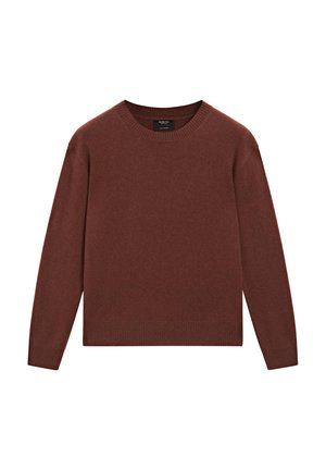 Brun ulltröja med rund halsringning, långa ärmar, ribbade cuffs och nederkant, samt en mjuk textur. Ingen mönster eller utsmyckningar finns.