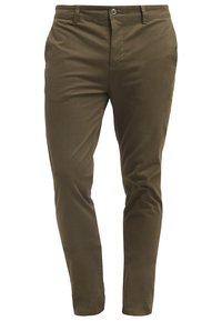 Pantaloni khaki dal taglio slim, realizzati in morbido tessuto di cotone, con chiusura a bottone e passanti per cintura.