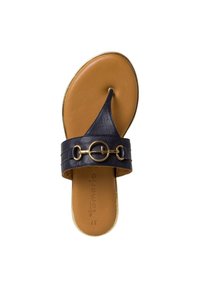 Mörkblå flip-flop sandaler med en texturerad övre rem som har en gyllene cirkeldekoration. Brun vadderad sula och en klassisk tåpostdesign.