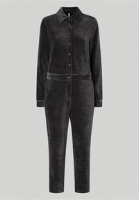 Combinaison longue en velours côtelé gris foncé à manches longues, col, fermeture boutonnée sur le devant, ceinture assortie à la taille et pantalon droit.