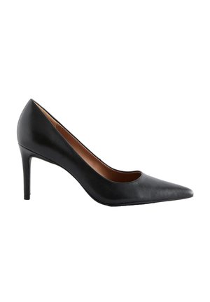 Decolté nere in pelle con tacco alto, dalla forma affusolata e design elegante, caratterizzate da una texture liscia e un sottile tacco a stiletto.