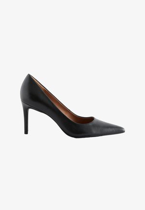 Schwarze Leder-Pumps mit hohem Absatz, spitzem Zehenbereich und schlankem Design, ausgestattet mit einer glatten Textur und einem dünnen Stiletto-Absatz.