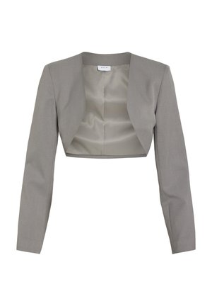 Jachetă scurtă gri cu mâneci lungi, confecționată dintr-un material neted; are un design simplu și un înainte curat, deschis, fără închideri.