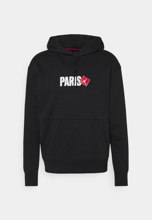Sudadera con capucha negra con bolsillo frontal, texto blanco "PARÍS" y un logotipo cuadrado rojo con una silueta blanca de una persona saltando.