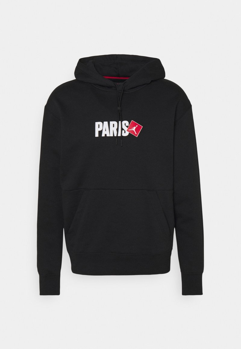 Sudadera con capucha negra con bolsillo frontal, texto blanco "PARÍS" y un logotipo cuadrado rojo con una silueta blanca de una persona saltando.
