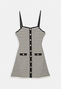 Robe rayée avec des rayures horizontales noires et blanches, coupe ajustée, bretelles réglables, boutons dorés sur le devant et deux poches avant.