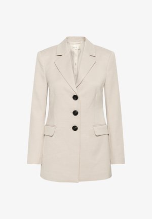 Šviesiai smėlio spalvos pritaikytas švarkas, pagamintas iš lengvos medžiagos. Turi iškirptus atlapus, keturis juodus mygtukus ir dvi priekinės kišenes.