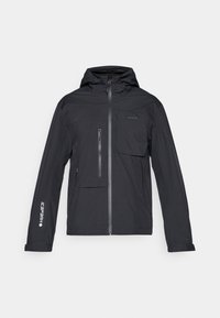 Black waterproof jacket with a hood, front zip closure, a chest pocket, and side pockets. Features branded text on the sleeve.