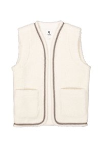 Fleeceväst i krämfärgad med en texturerad yta, med svart och vit flätad kant, två framfickor och en lös passform.
