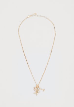 Gold chain necklace with a twisted design, featuring a pendant with a detailed figure and decorative accents, including sparkling elements.