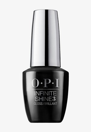 Schwarze Nagellackflasche mit glänzender Oberfläche, silberner zylindrischer Kappe und weißem Text "OPI INFINITE SHINE 3 GLOSS/BRILLANT."