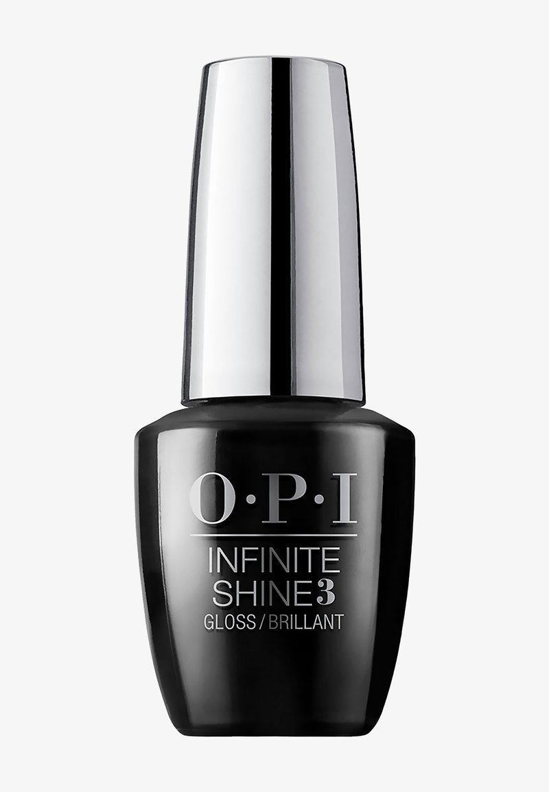 Zwarte nagellakfles met een glanzende afwerking, zilveren cilindrische dop en witte tekst die leest "OPI INFINITE SHINE 3 GLOSS/BRILLANT."