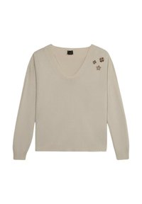 Beige V-Ausschnitt-Pullover mit langen Ärmeln, gerippten Bündchen und Saum. Verfügt über dekorative Sterne- und Blumenverzierungen auf der linken Seite.