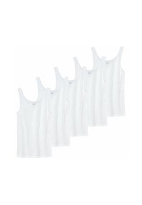 Six white cotton tank tops with thin straps, featuring a classic cut and soft texture, arranged overlapping slightly.