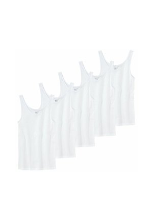 Six white cotton tank tops with thin straps, featuring a classic cut and soft texture, arranged overlapping slightly.