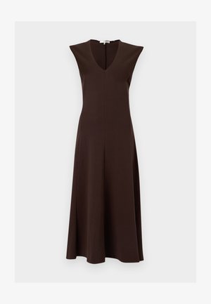 Αμάνικο σκουρόχρωμο καφέ μεσαίο φόρεμα με V-λαιμόκοψη και ελαφριά A-γραμμή.