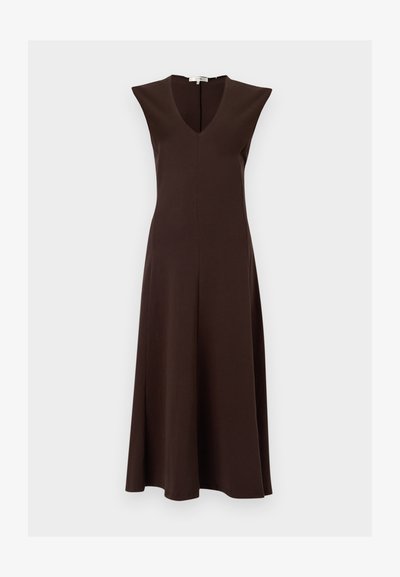 Αμάνικο σκουρόχρωμο καφέ μεσαίο φόρεμα με V-λαιμόκοψη και ελαφριά A-γραμμή.