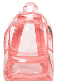 Transparent rosa ryggsäck med ett huvudfack och en framficka med dragkedja, utrustad med justerbara remmar och ett handtag för att bära överst.
