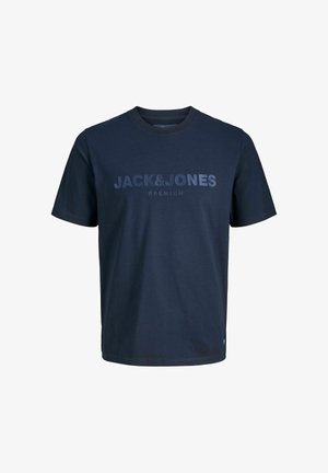 T-shirt in cotone blu navy con collo rotondo, maniche corte e stampa logo frontale in una tonalità di blu leggermente più chiara.