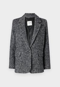 Grauer und schwarzer Blazer mit Hahnentrittmuster, Ein-Knopf-Verschluss, abgestufte Revers und zwei Vordertaschen, mit einem satinierten Innenfutter.
