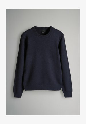 Navy blue knitted sweater with a round neck, long sleeves, and ribbed cuffs and hem; smooth texture and a classic fit design.