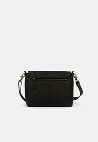 Black leather crossbody bag with front zipper pocket, adjustable strap, and gold-tone metal clasps on a white background.